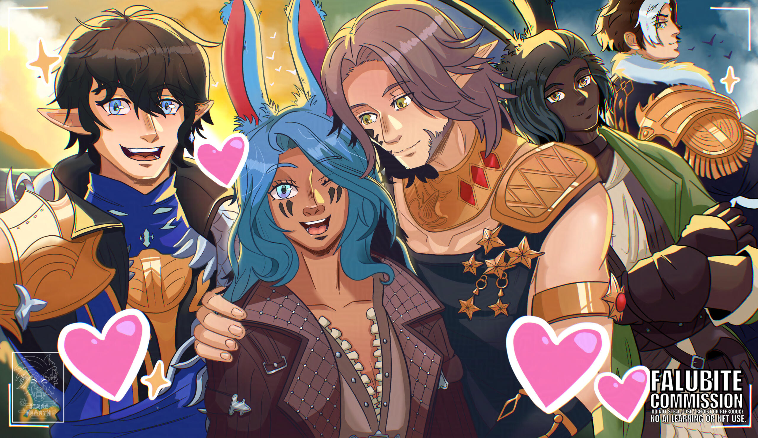 Sunset Selfie Commissioned artwork of client's custom Warrior of Light, Aymeric, Urianger, Erenville and Emet Selch from "Final Fantasy XIV" (2025) - digital